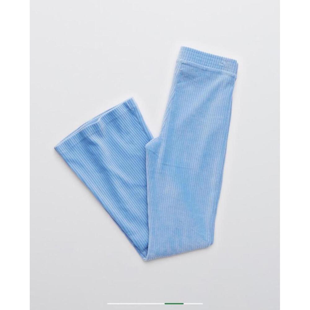 Aerie Groove On Sky Blue Velour Ribbed High Waisted Flare Pants- Size Large - Picture 4 of 9
